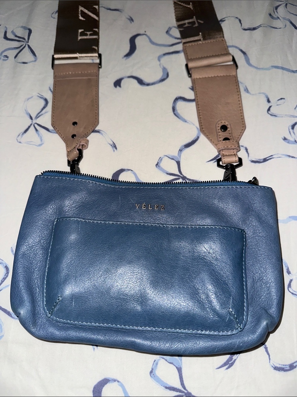 Blue Leather Crossbody Bag with Removable Strap